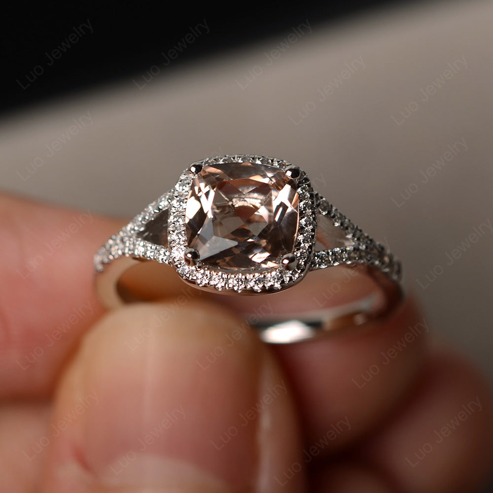 Cushion Morganite Halo Split Shank Engagement Ring - LUO Jewelry