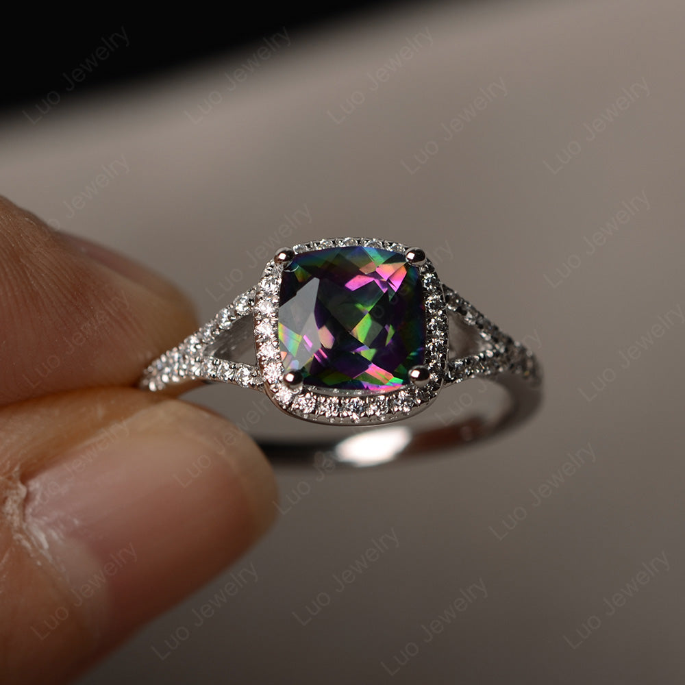 Cushion Mystic Topaz Halo Split Shank Engagement Ring - LUO Jewelry