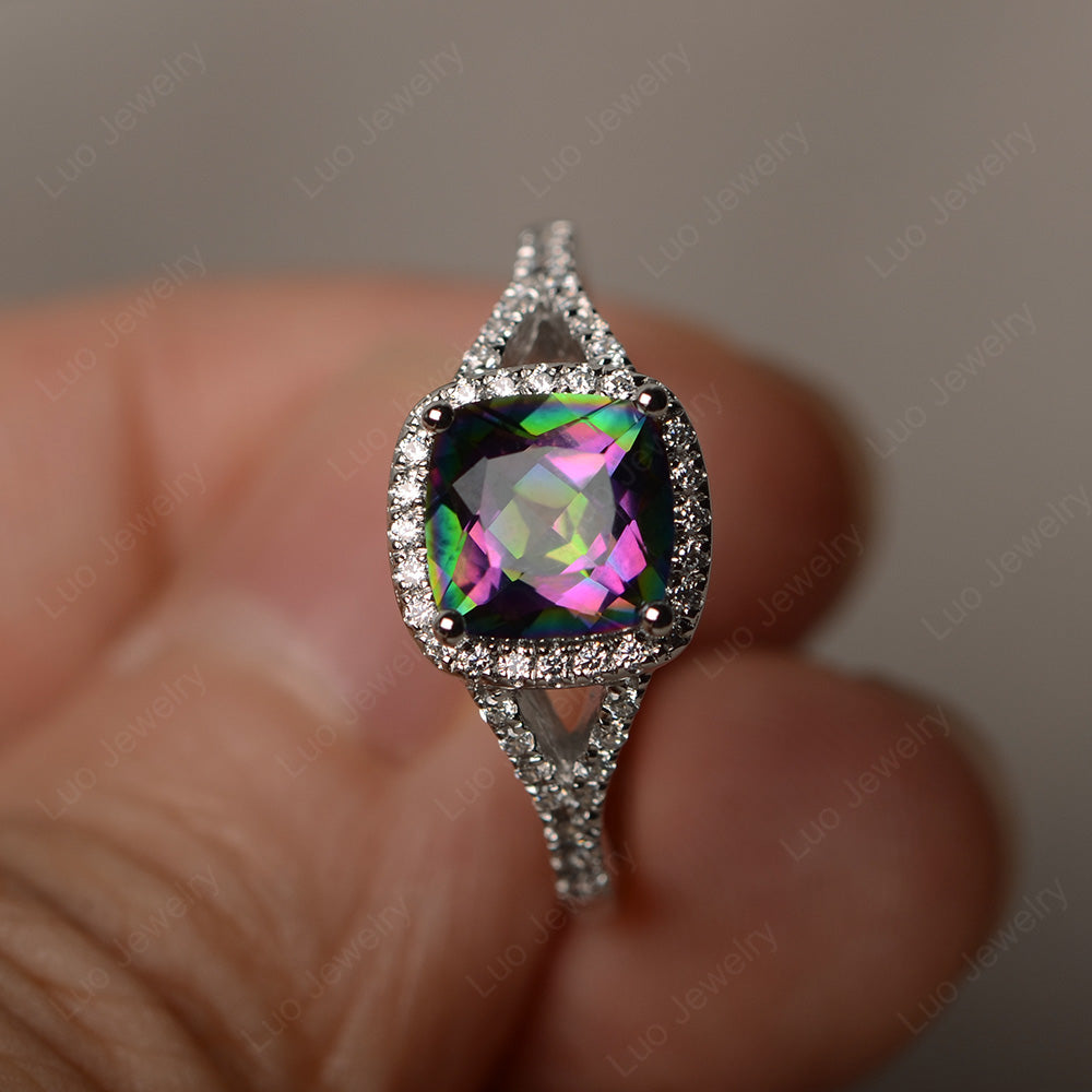 Cushion Mystic Topaz Halo Split Shank Engagement Ring - LUO Jewelry