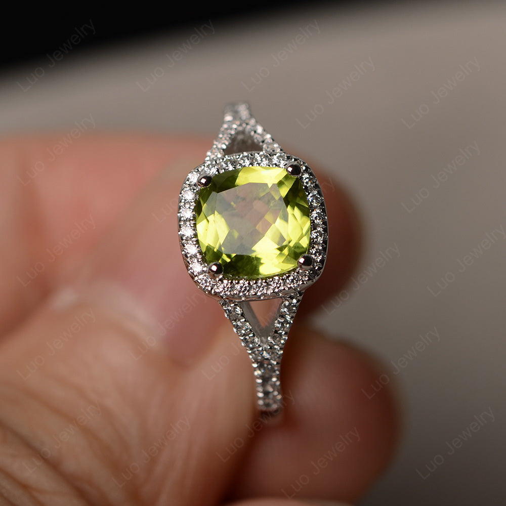 Cushion Peridot Halo Split Shank Engagement Ring - LUO Jewelry