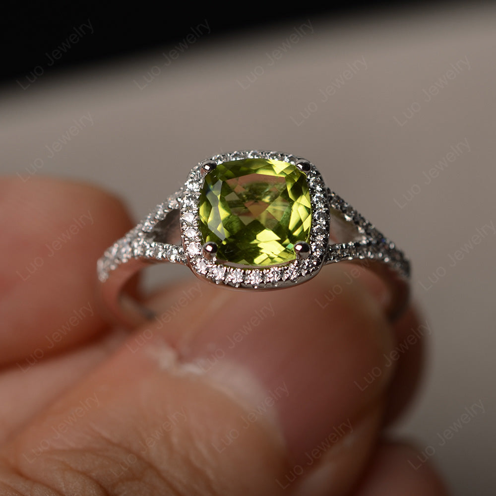 Cushion Peridot Halo Split Shank Engagement Ring - LUO Jewelry