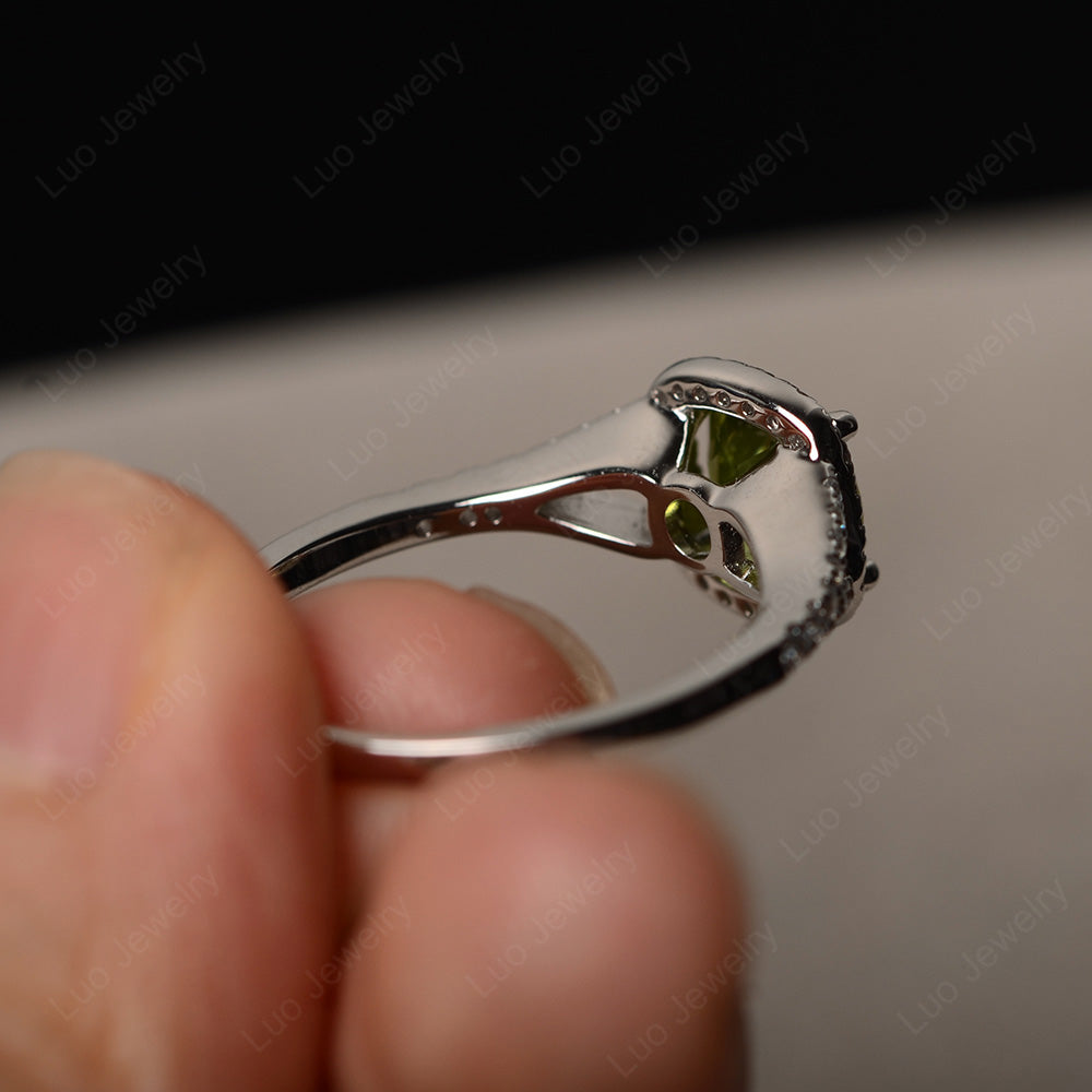 Cushion Peridot Halo Split Shank Engagement Ring - LUO Jewelry