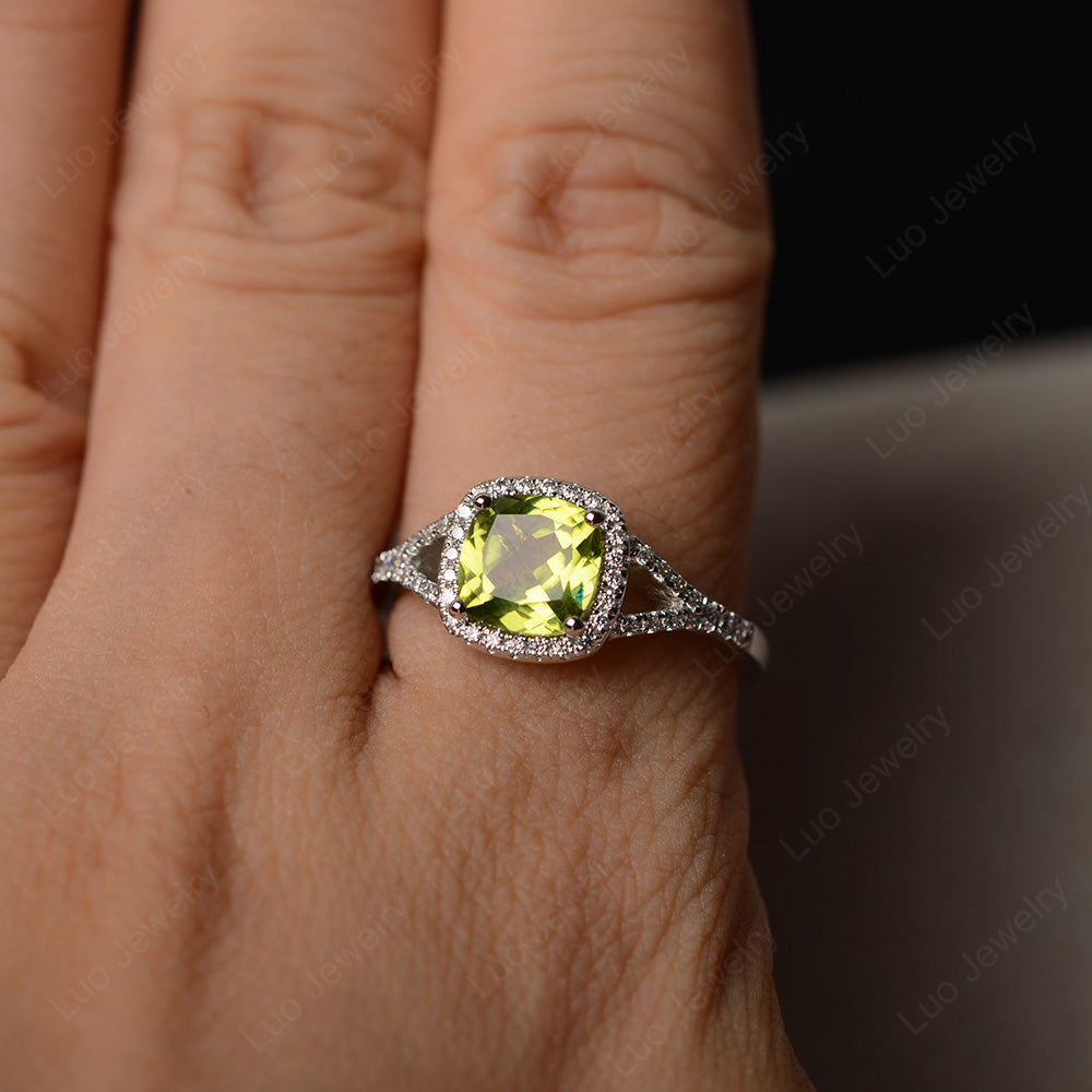 Cushion Peridot Halo Split Shank Engagement Ring - LUO Jewelry