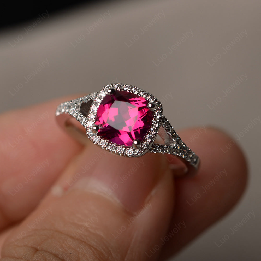 Cushion Ruby Halo Split Shank Engagement Ring - LUO Jewelry