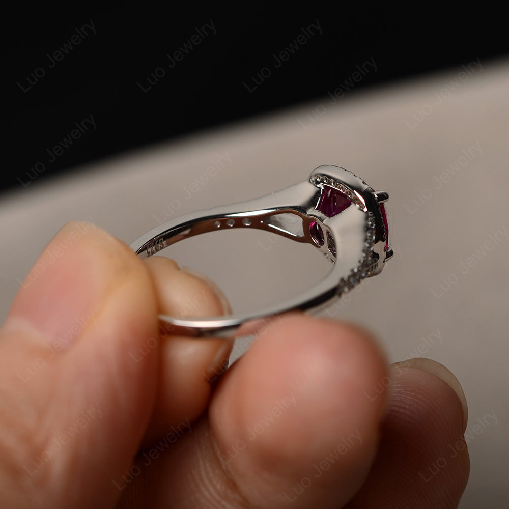 Cushion Ruby Halo Split Shank Engagement Ring - LUO Jewelry