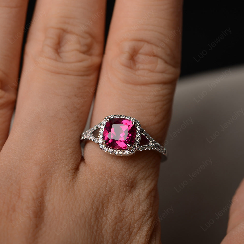 Cushion Ruby Halo Split Shank Engagement Ring - LUO Jewelry