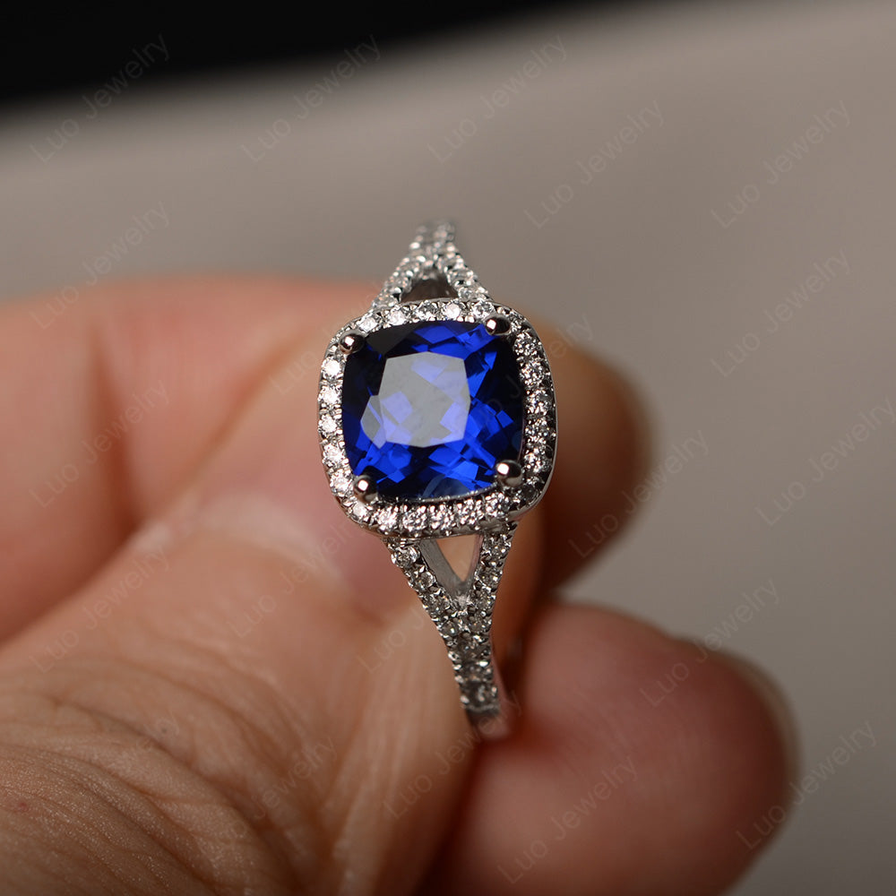 Cushion Lab Sapphire Halo Split Shank Engagement Ring - LUO Jewelry