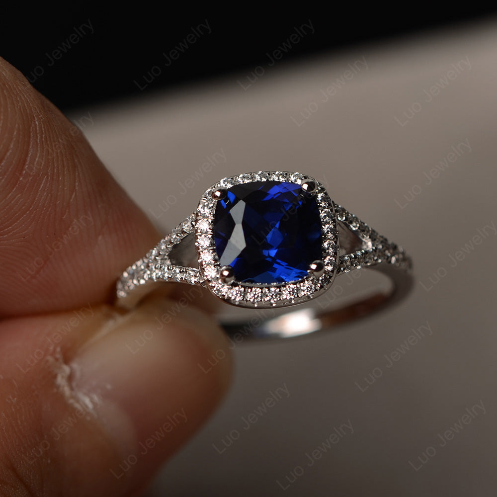 Cushion Lab Sapphire Halo Split Shank Engagement Ring - LUO Jewelry