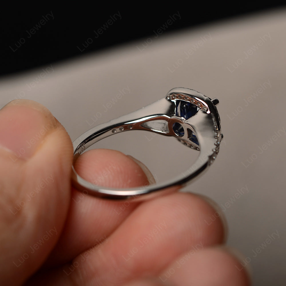 Cushion Lab Sapphire Halo Split Shank Engagement Ring - LUO Jewelry