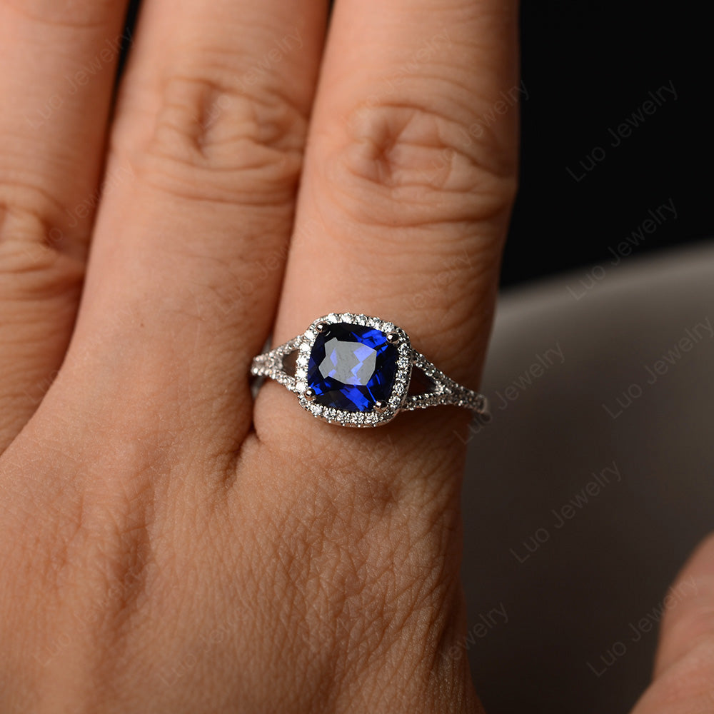 Cushion Lab Sapphire Halo Split Shank Engagement Ring - LUO Jewelry