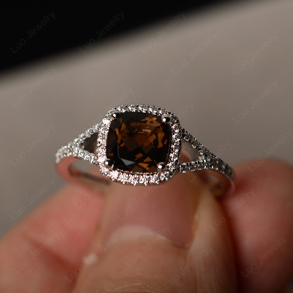 Cushion Smoky Quartz  Halo Split Shank Engagement Ring - LUO Jewelry