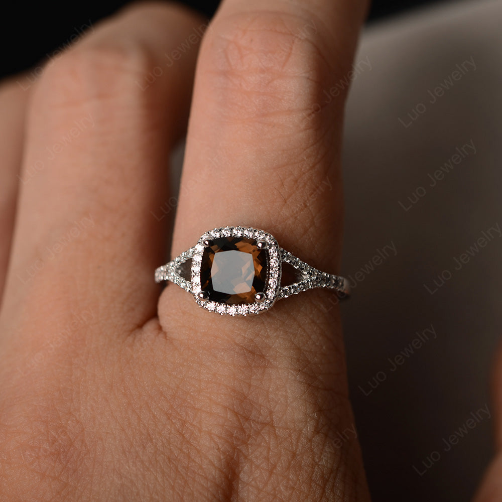Cushion Smoky Quartz  Halo Split Shank Engagement Ring - LUO Jewelry