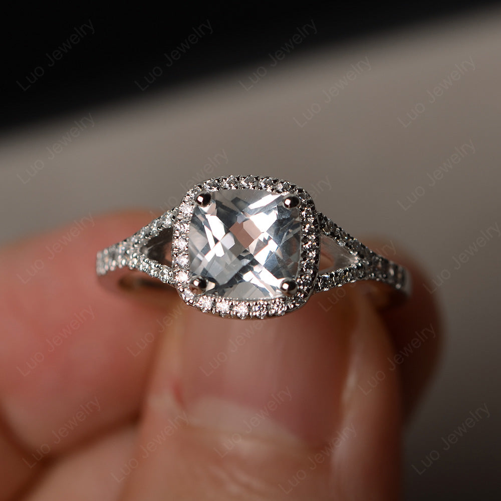 Cushion White Topaz Halo Split Shank Engagement Ring - LUO Jewelry