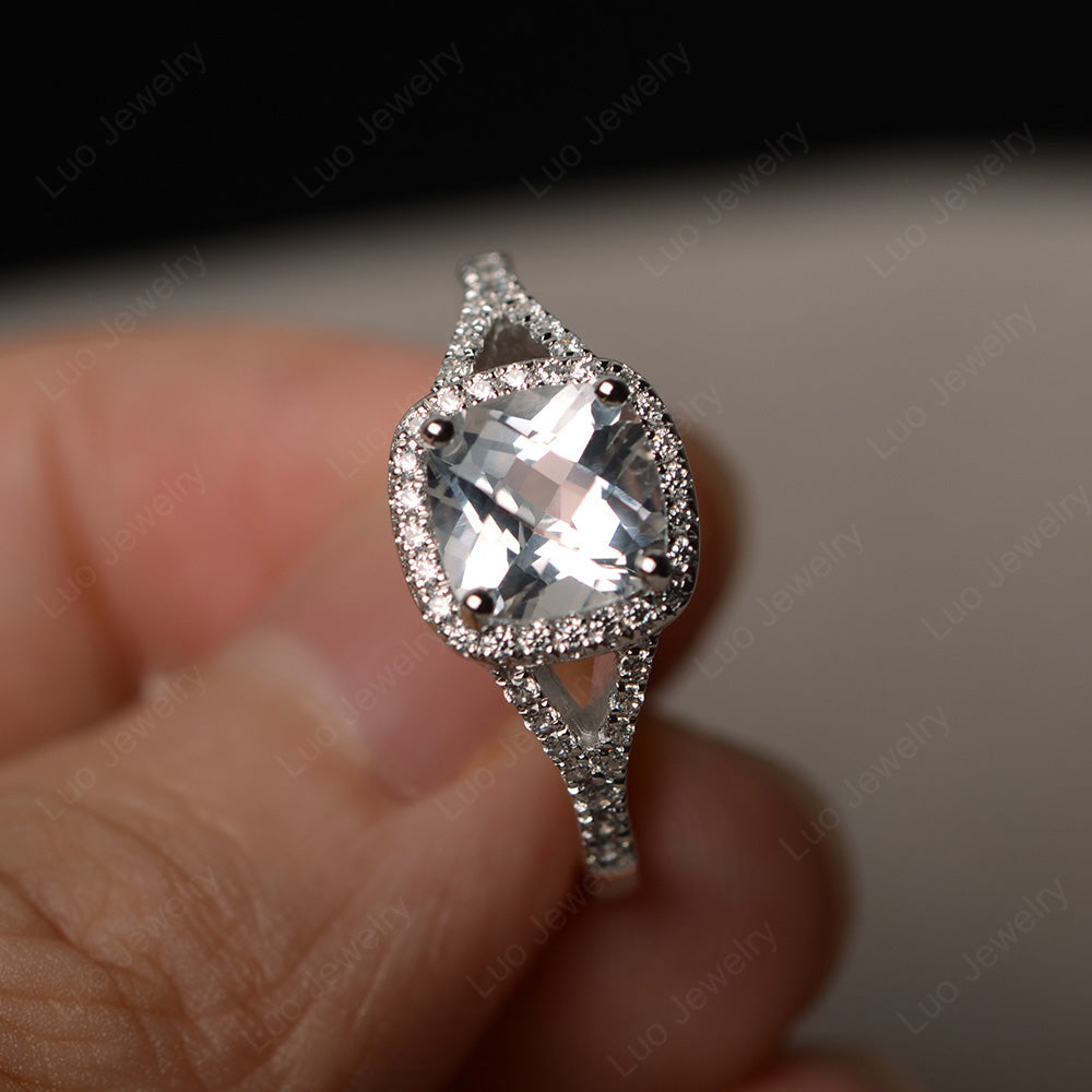 Cushion White Topaz Halo Split Shank Engagement Ring - LUO Jewelry