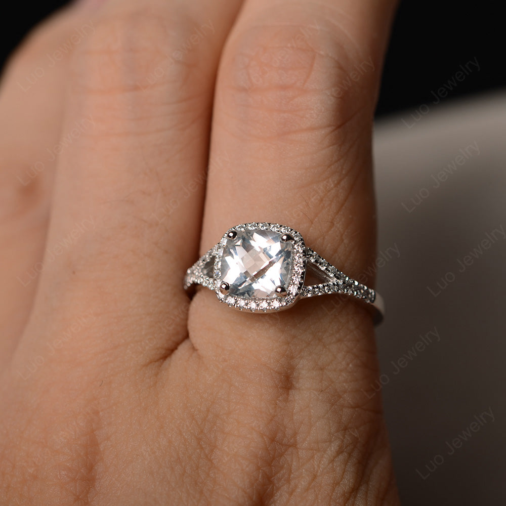 Cushion White Topaz Halo Split Shank Engagement Ring - LUO Jewelry