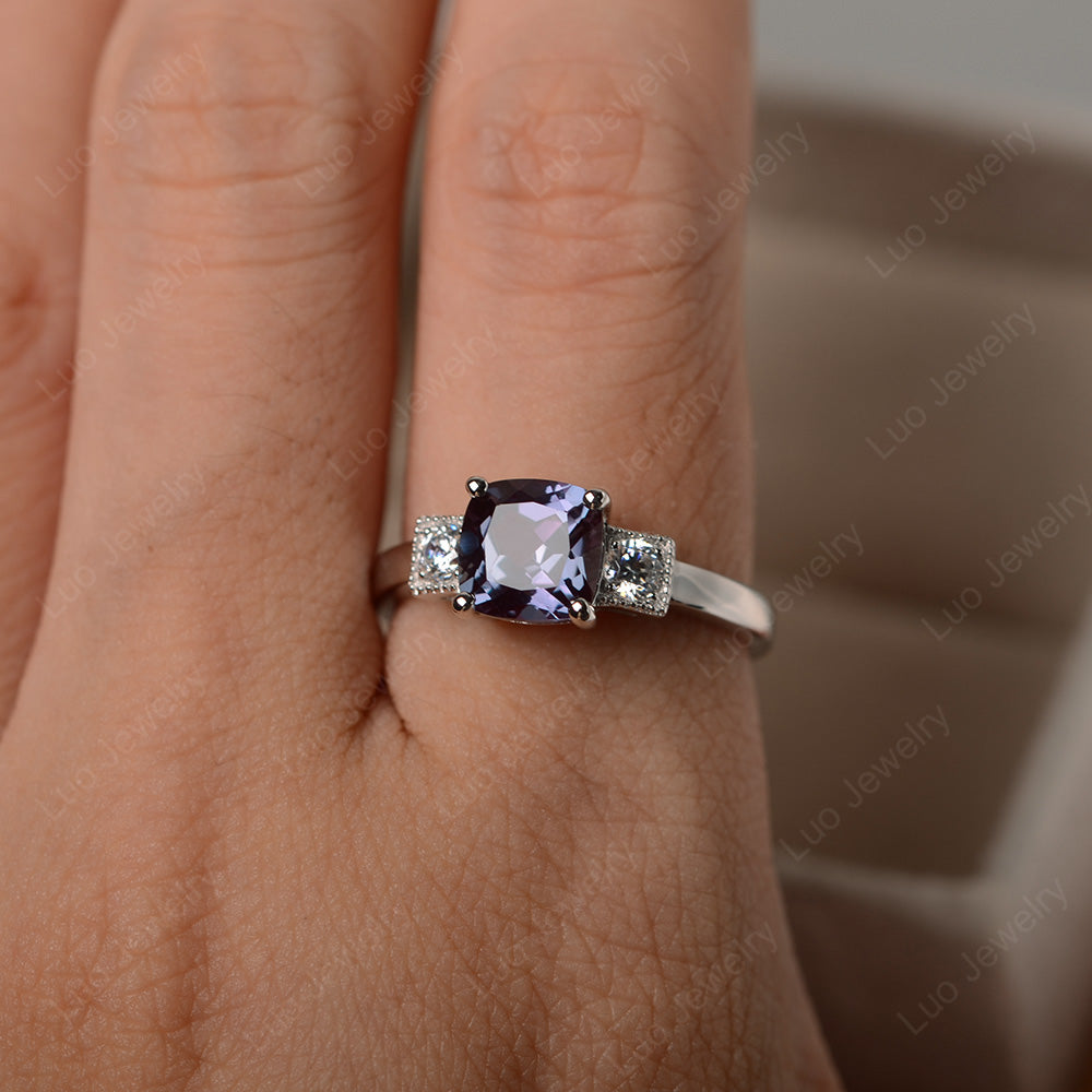 Cushion Cut Alexandrite Promise Ring Art Deco - LUO Jewelry