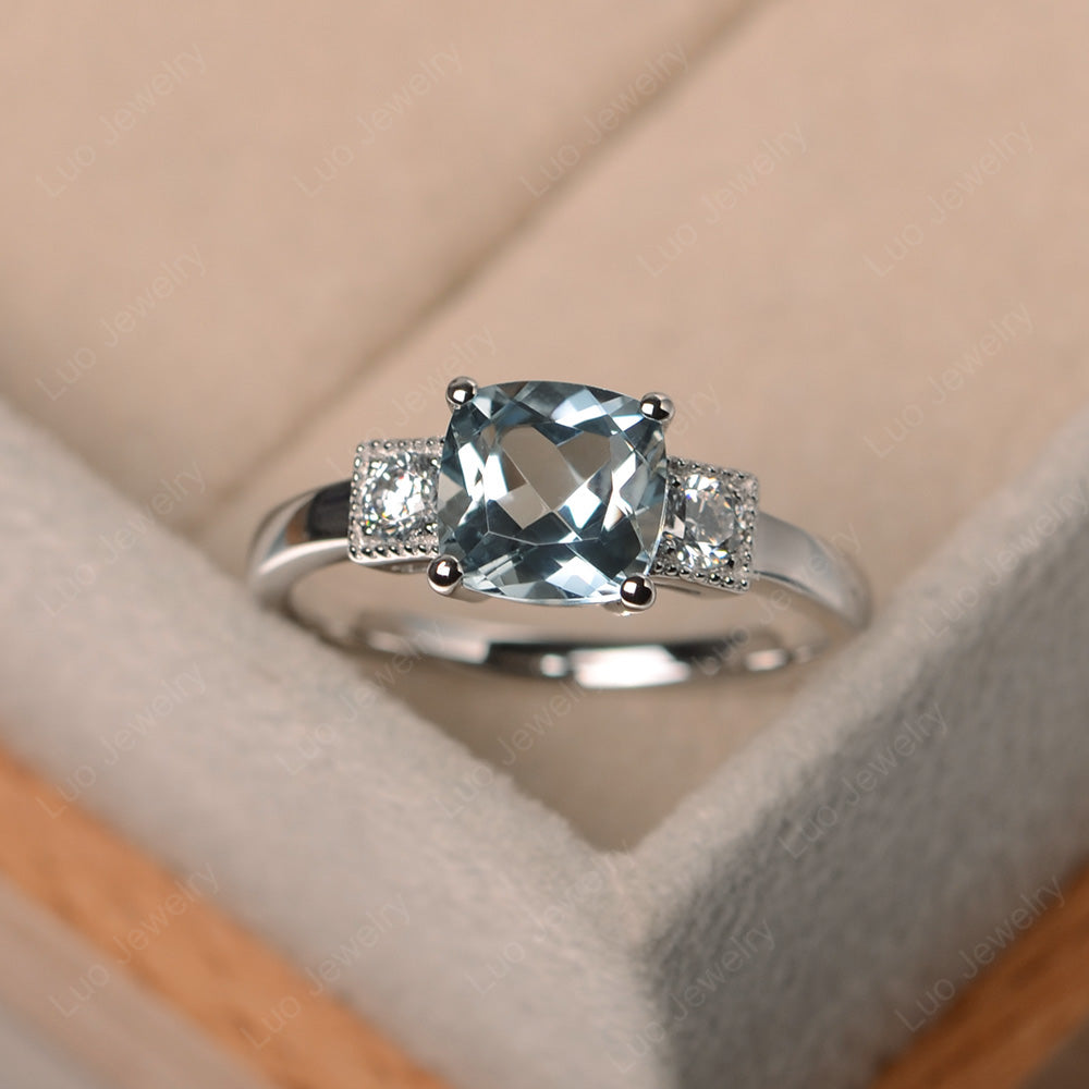 Cushion Cut Aquamarine Promise Ring Art Deco - LUO Jewelry