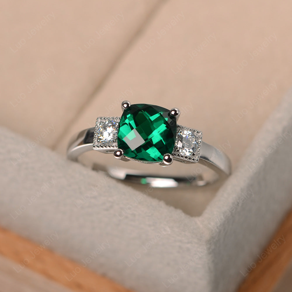 Cushion Cut Lab Emerald Promise Ring Art Deco - LUO Jewelry