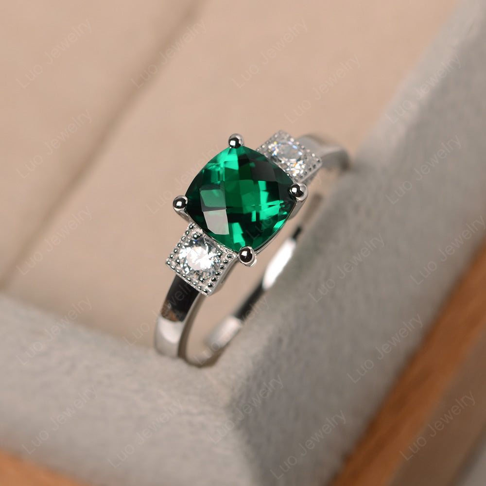 Cushion Cut Lab Emerald Promise Ring Art Deco - LUO Jewelry