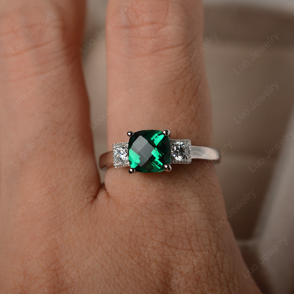 Cushion Cut Lab Emerald Promise Ring Art Deco - LUO Jewelry