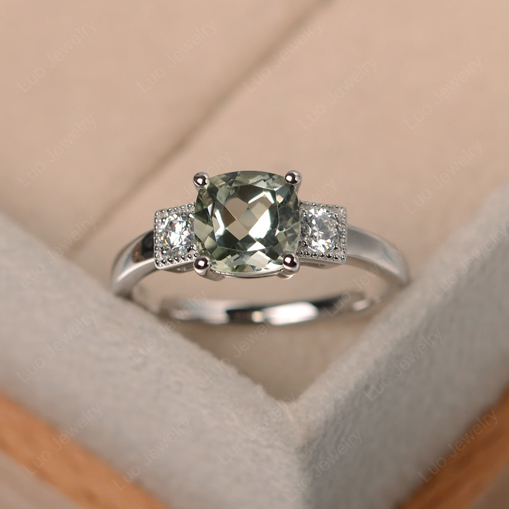 Cushion Cut Green Amethyst Promise Ring Art Deco - LUO Jewelry