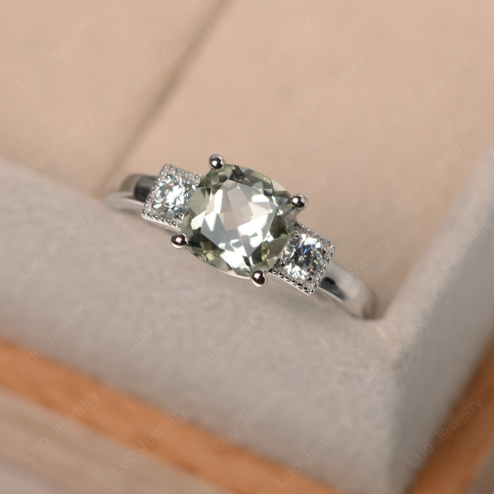 Cushion Cut Green Amethyst Promise Ring Art Deco - LUO Jewelry