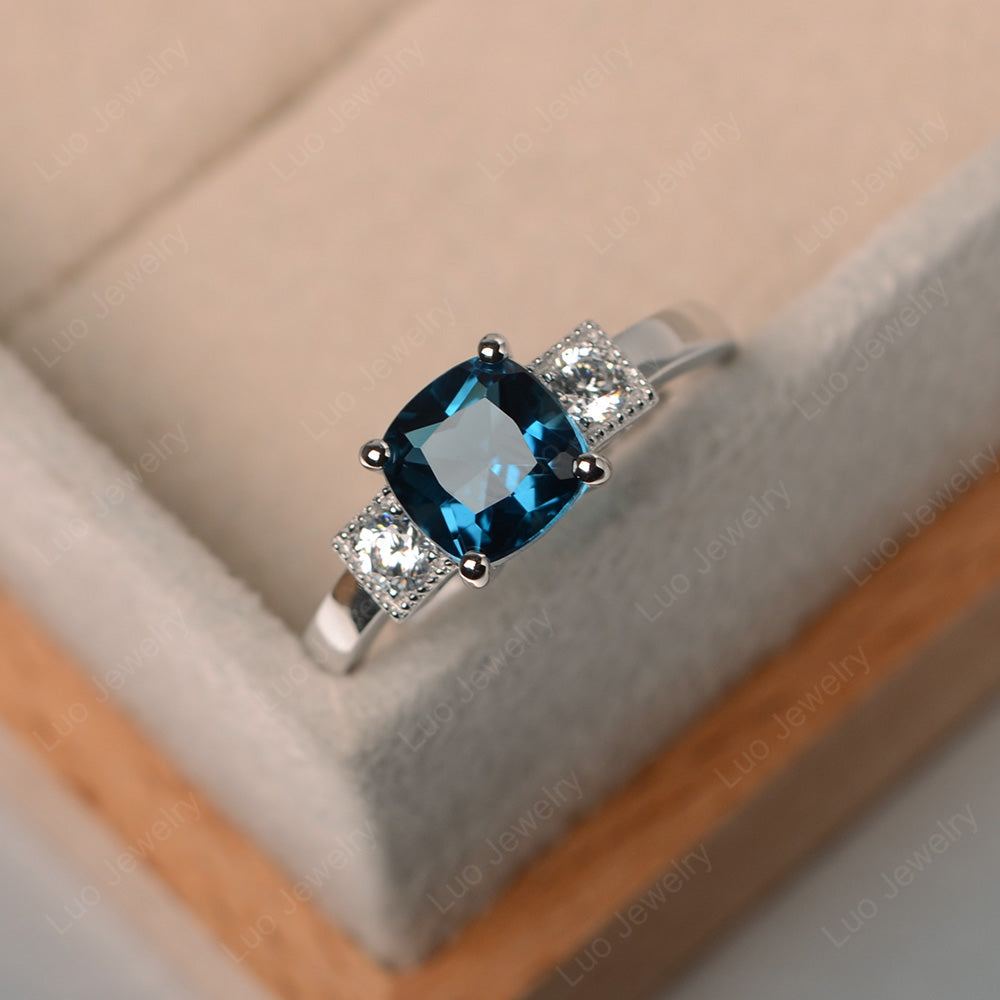 Cushion Cut London Blue Topaz Promise Ring Art Deco - LUO Jewelry