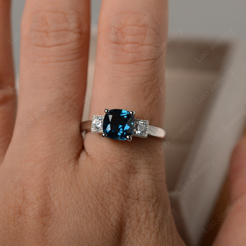 Cushion Cut London Blue Topaz Promise Ring Art Deco - LUO Jewelry