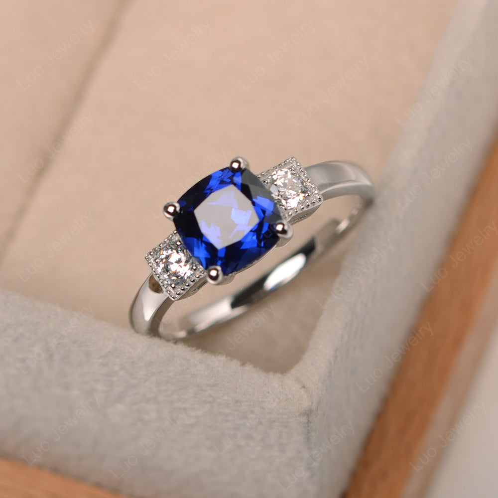 Cushion Cut Lab Sapphire Promise Ring Art Deco - LUO Jewelry