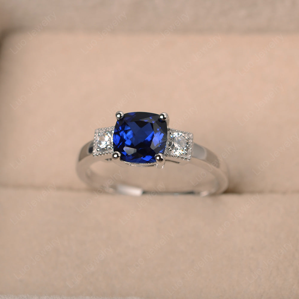 Cushion Cut Lab Sapphire Promise Ring Art Deco - LUO Jewelry