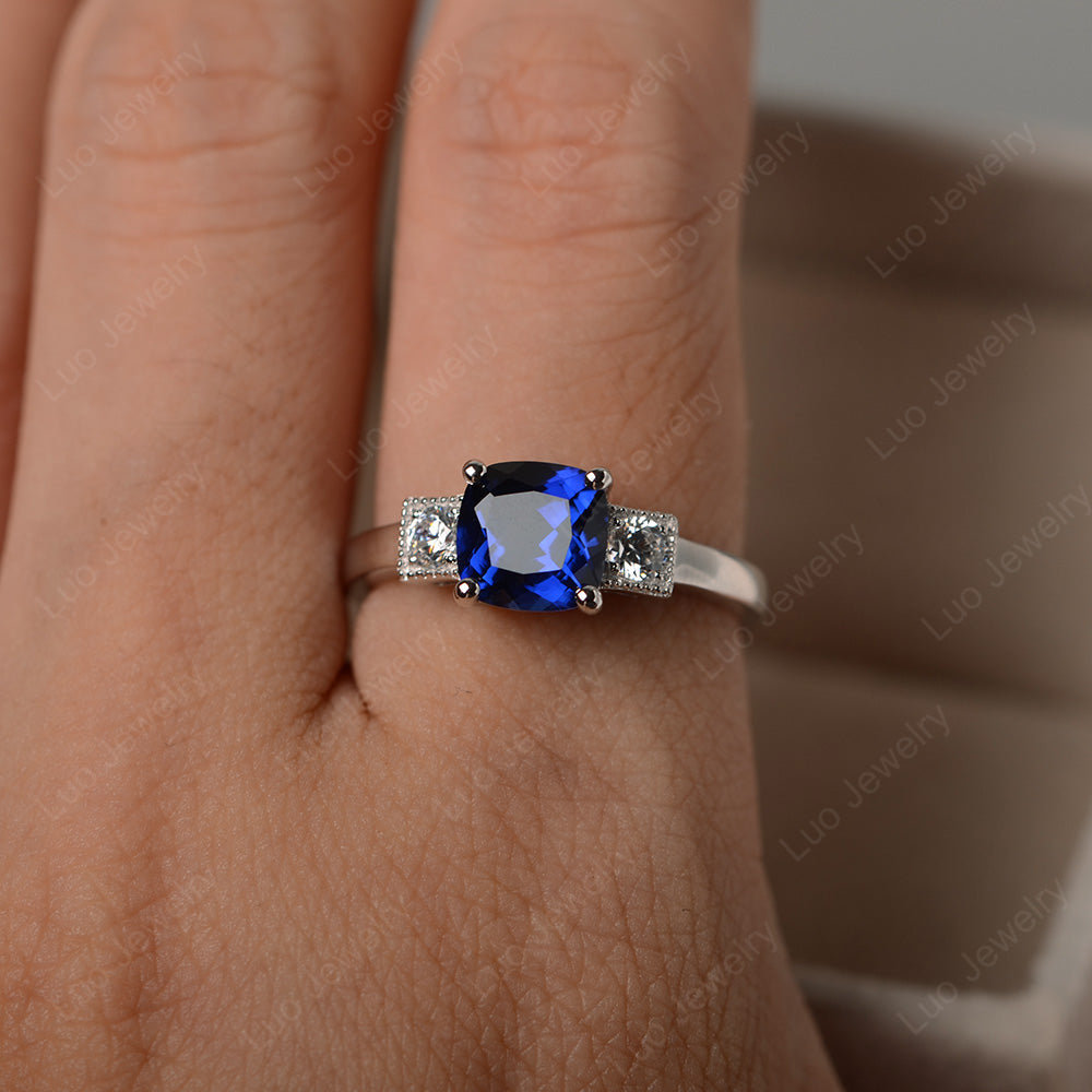 Cushion Cut Lab Sapphire Promise Ring Art Deco - LUO Jewelry