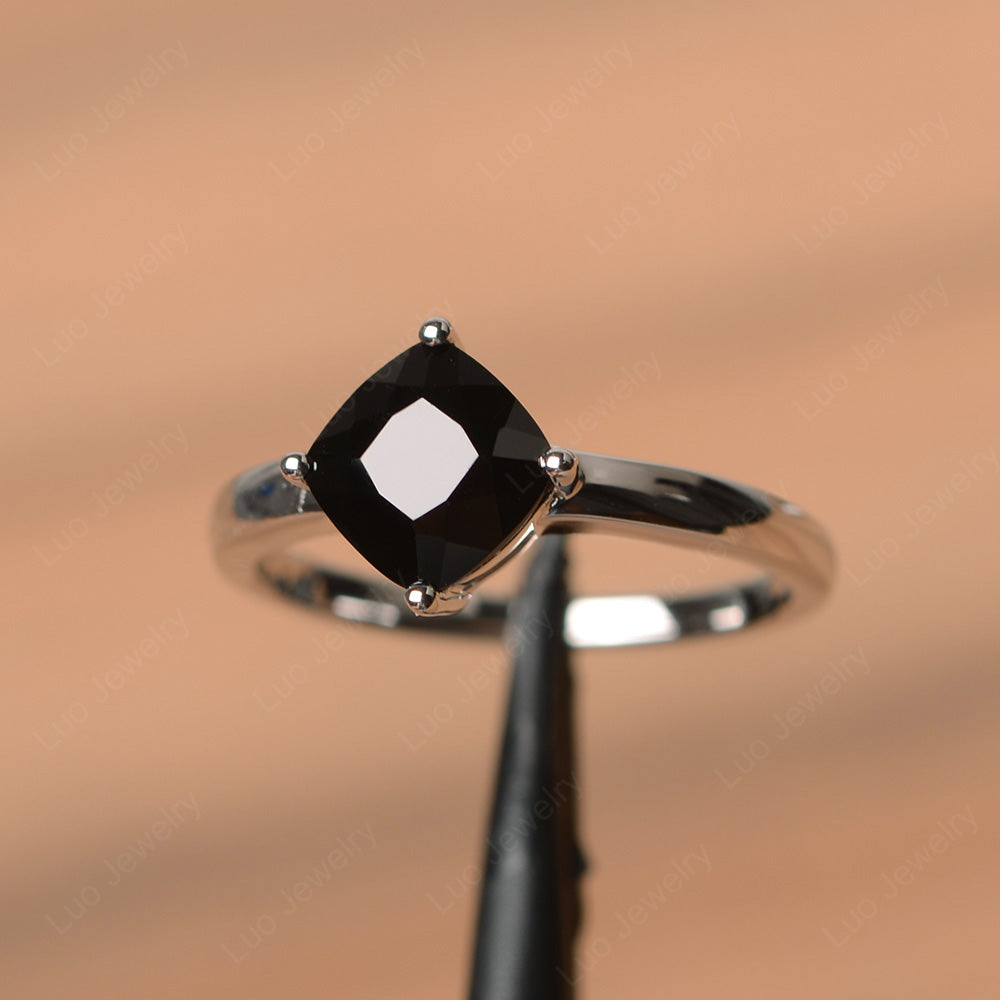 Kite Set Cushion Cut Black Spinel Solitaire Ring - LUO Jewelry