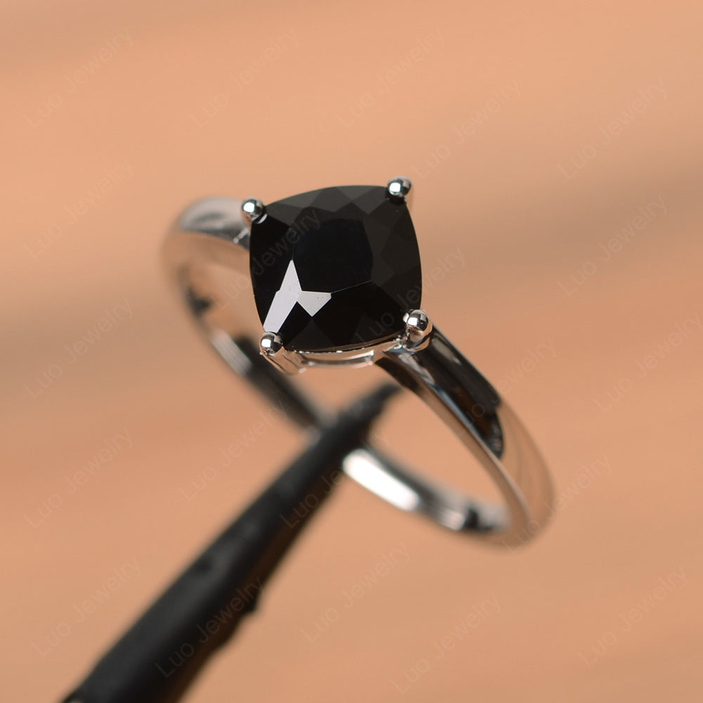 Kite Set Cushion Cut Black Spinel Solitaire Ring - LUO Jewelry