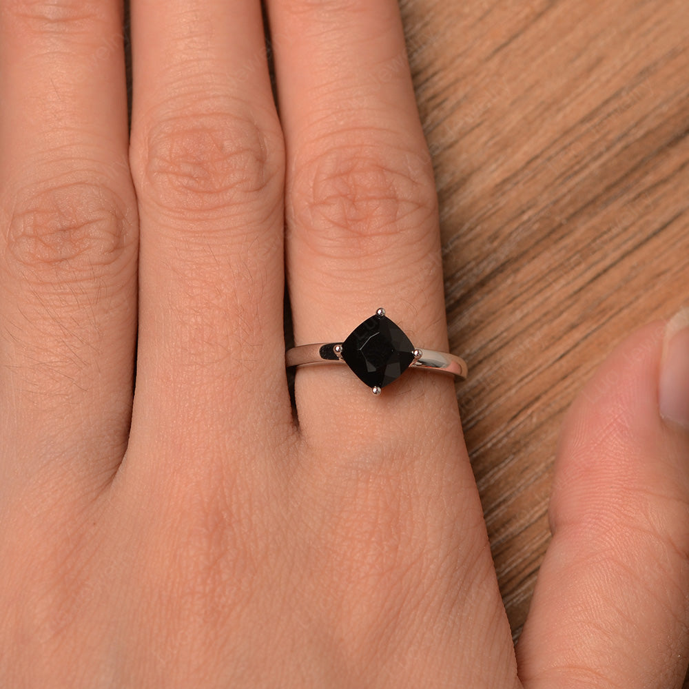 Kite Set Cushion Cut Black Spinel Solitaire Ring - LUO Jewelry