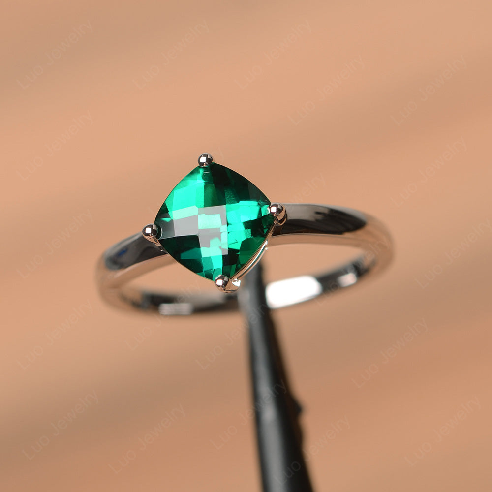 Kite Set Cushion Cut Lab Emerald Solitaire Ring - LUO Jewelry