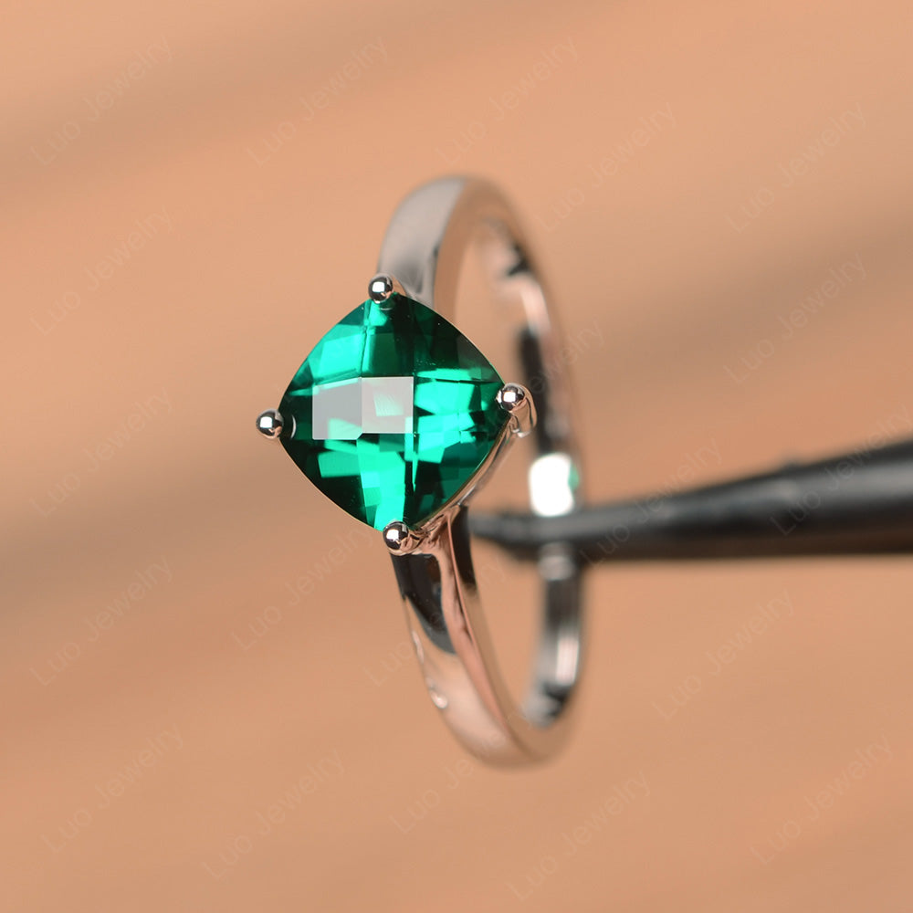 Kite Set Cushion Cut Lab Emerald Solitaire Ring - LUO Jewelry