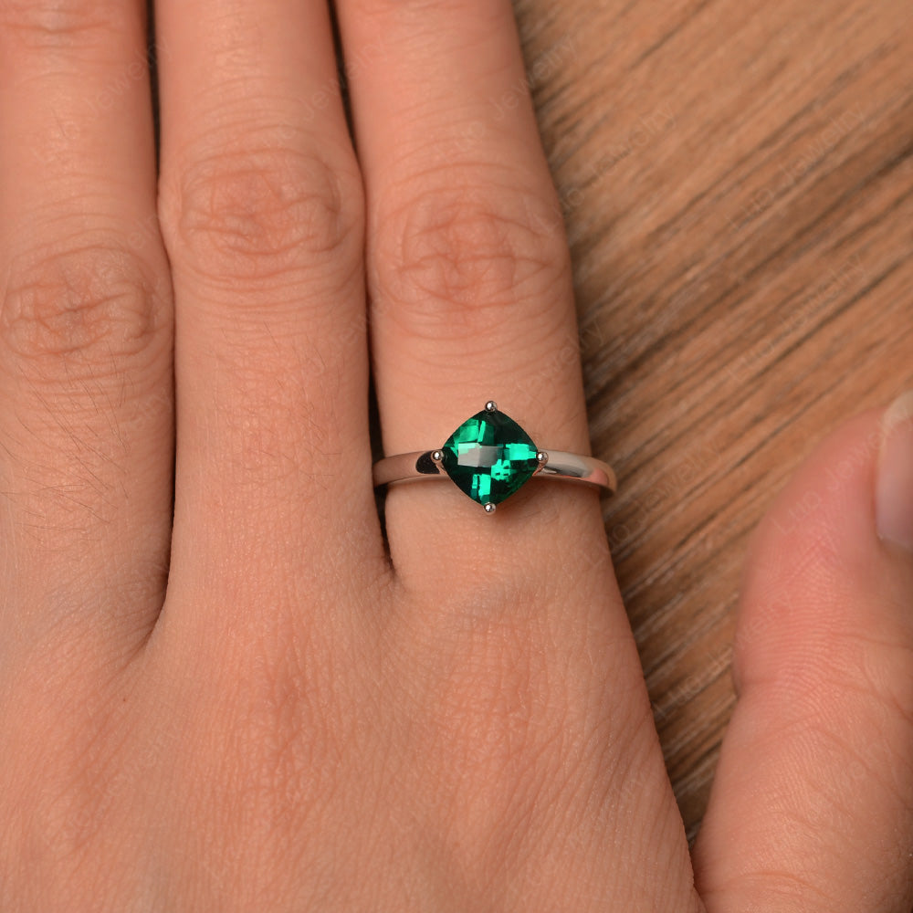 Kite Set Cushion Cut Lab Emerald Solitaire Ring - LUO Jewelry