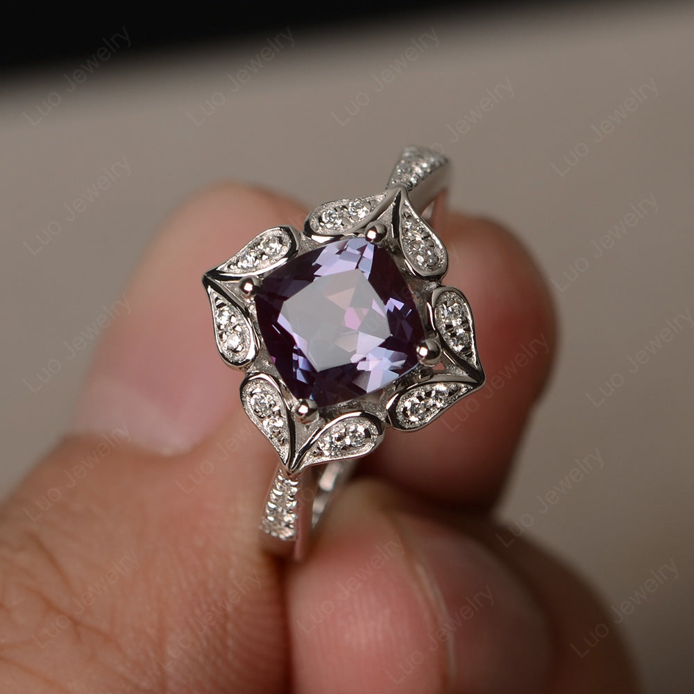 Alexandrite Ring Cushion Cut Kite Set White Gold - LUO Jewelry