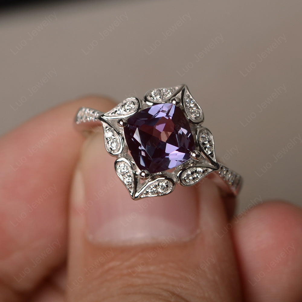 Alexandrite Ring Cushion Cut Kite Set White Gold - LUO Jewelry