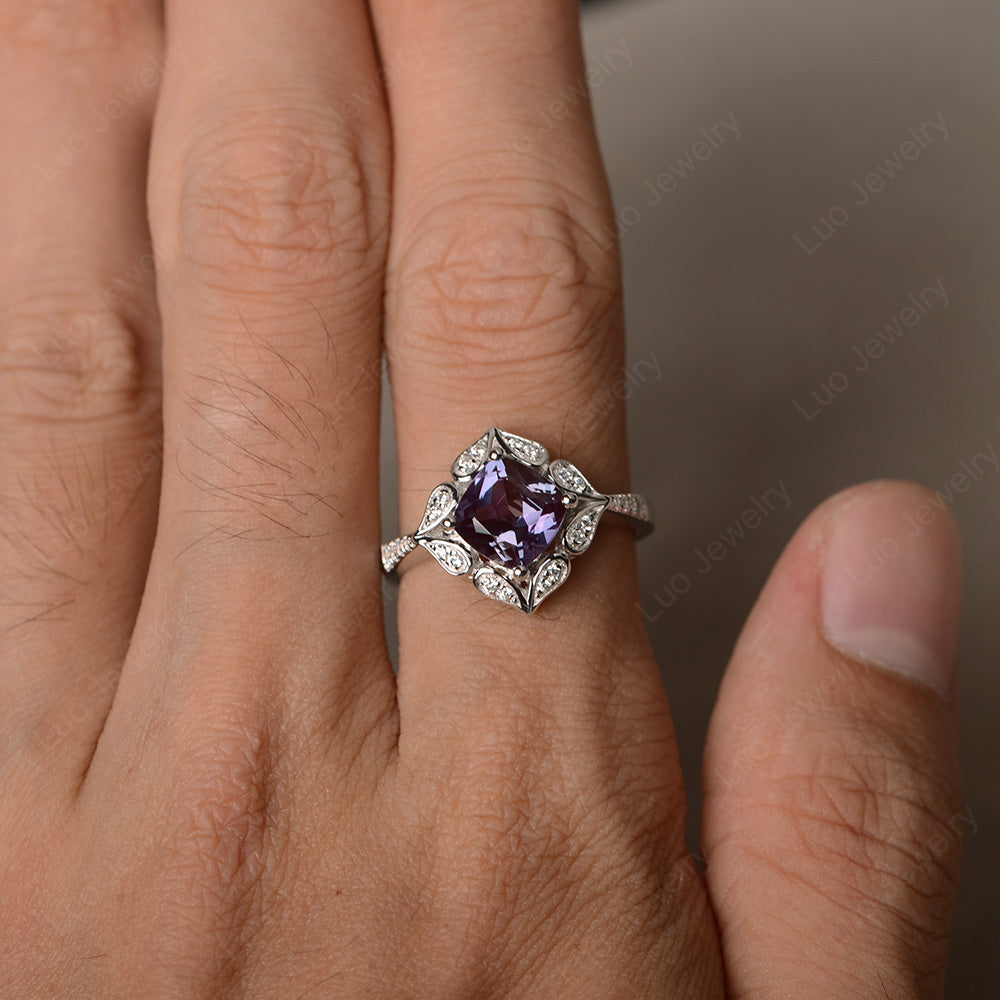 Alexandrite Ring Cushion Cut Kite Set White Gold - LUO Jewelry