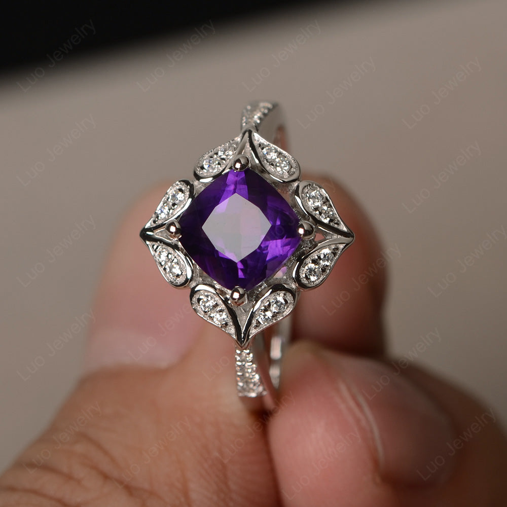 Amethyst Ring Cushion Cut Kite Set White Gold - LUO Jewelry