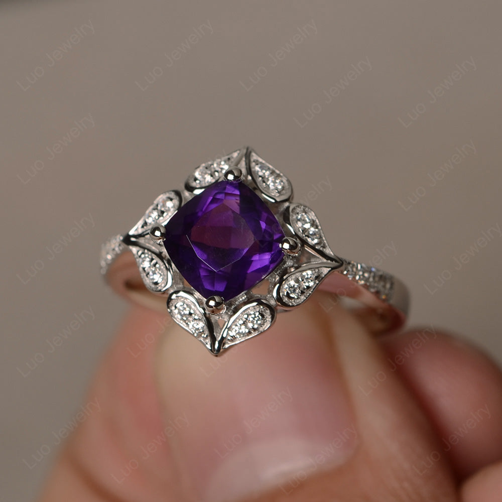 Amethyst Ring Cushion Cut Kite Set White Gold - LUO Jewelry