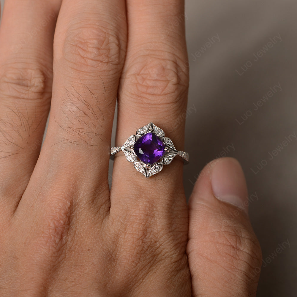 Amethyst Ring Cushion Cut Kite Set White Gold - LUO Jewelry