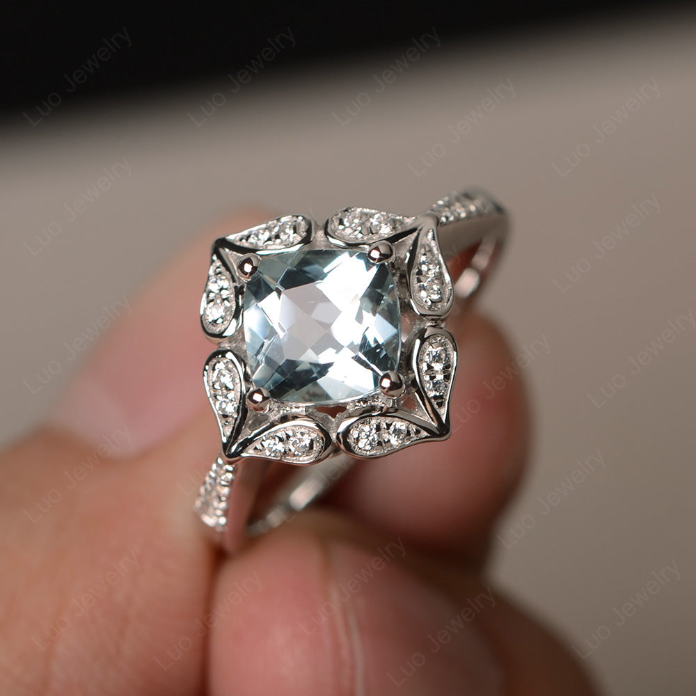 Aquamarine Ring Cushion Cut Kite Set White Gold - LUO Jewelry