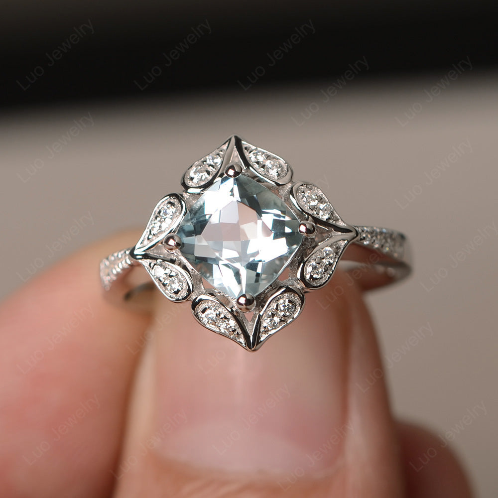 Aquamarine Ring Cushion Cut Kite Set White Gold - LUO Jewelry