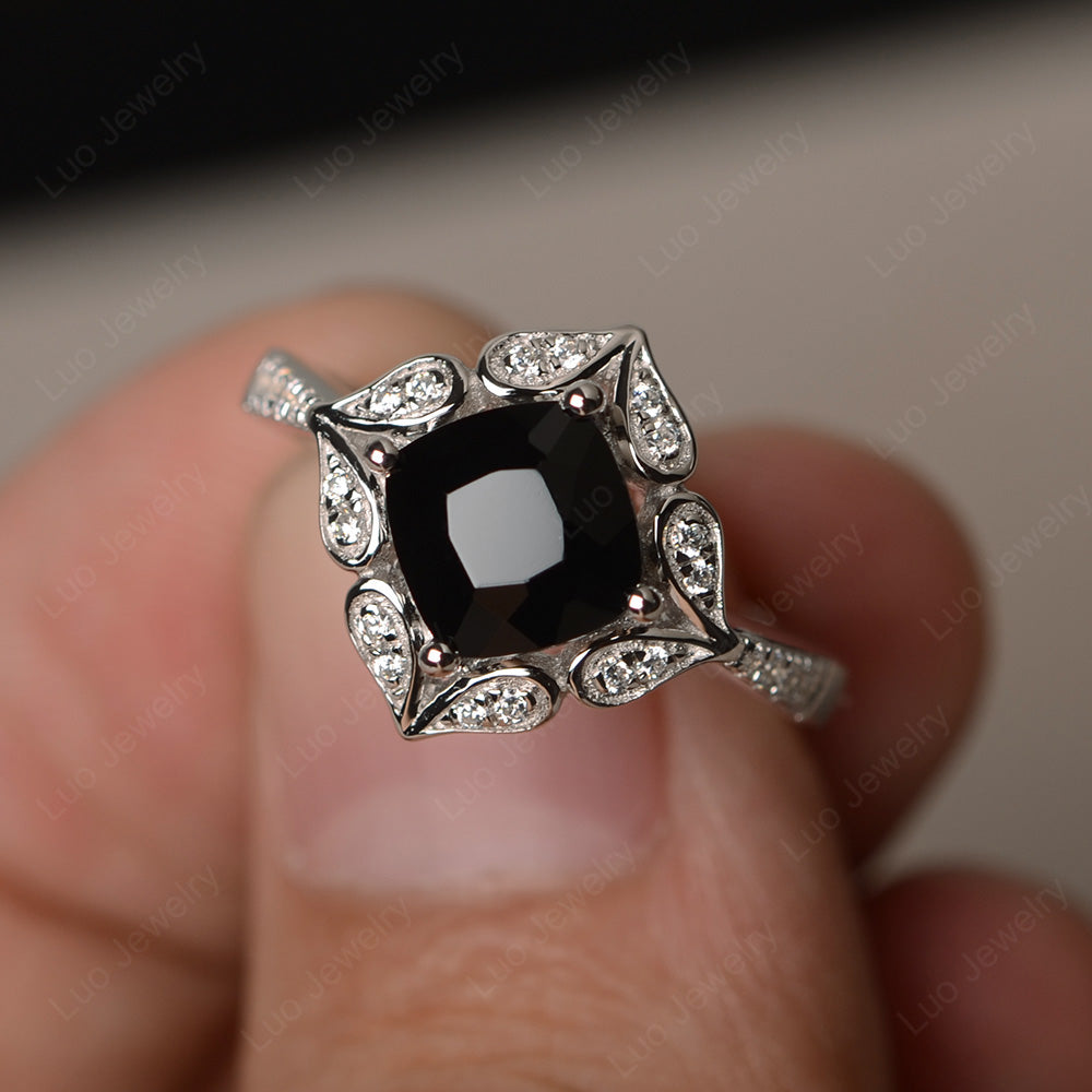Black Spinel Ring Cushion Cut Kite Set White Gold - LUO Jewelry