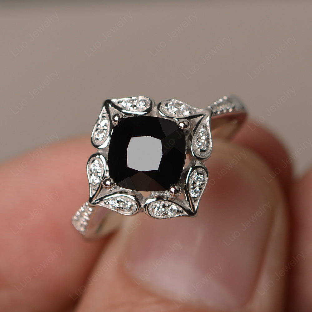 Black Spinel Ring Cushion Cut Kite Set White Gold - LUO Jewelry