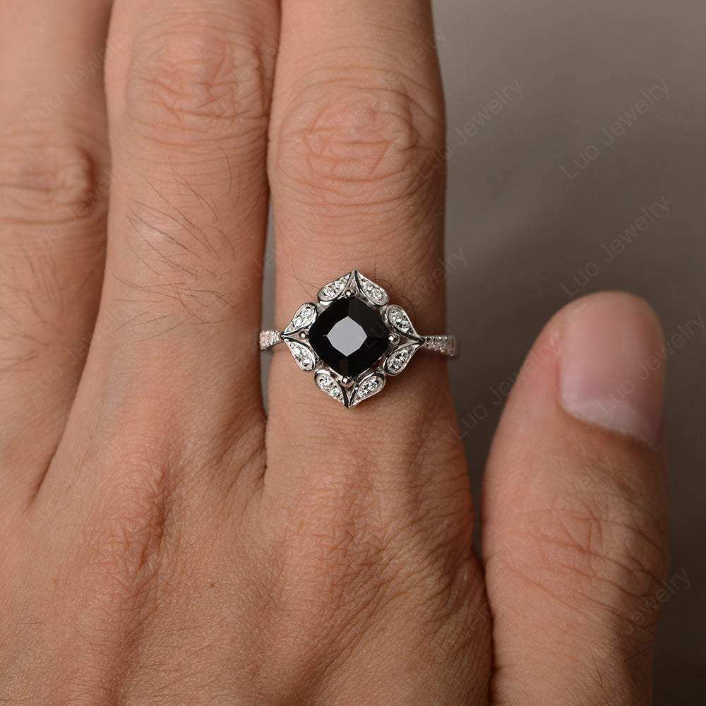 Black Spinel Ring Cushion Cut Kite Set White Gold - LUO Jewelry