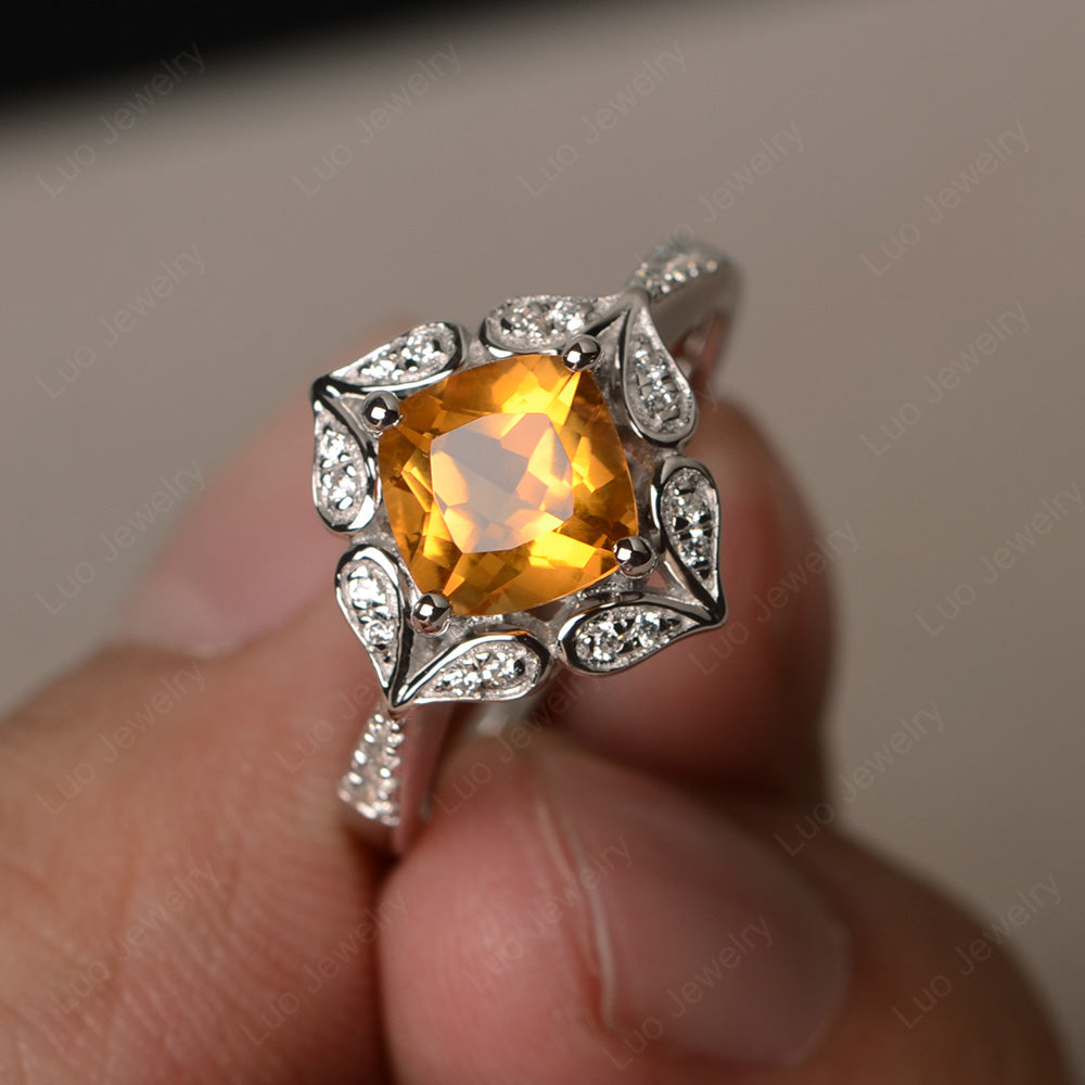 Citrine Ring Cushion Cut Kite Set White Gold - LUO Jewelry