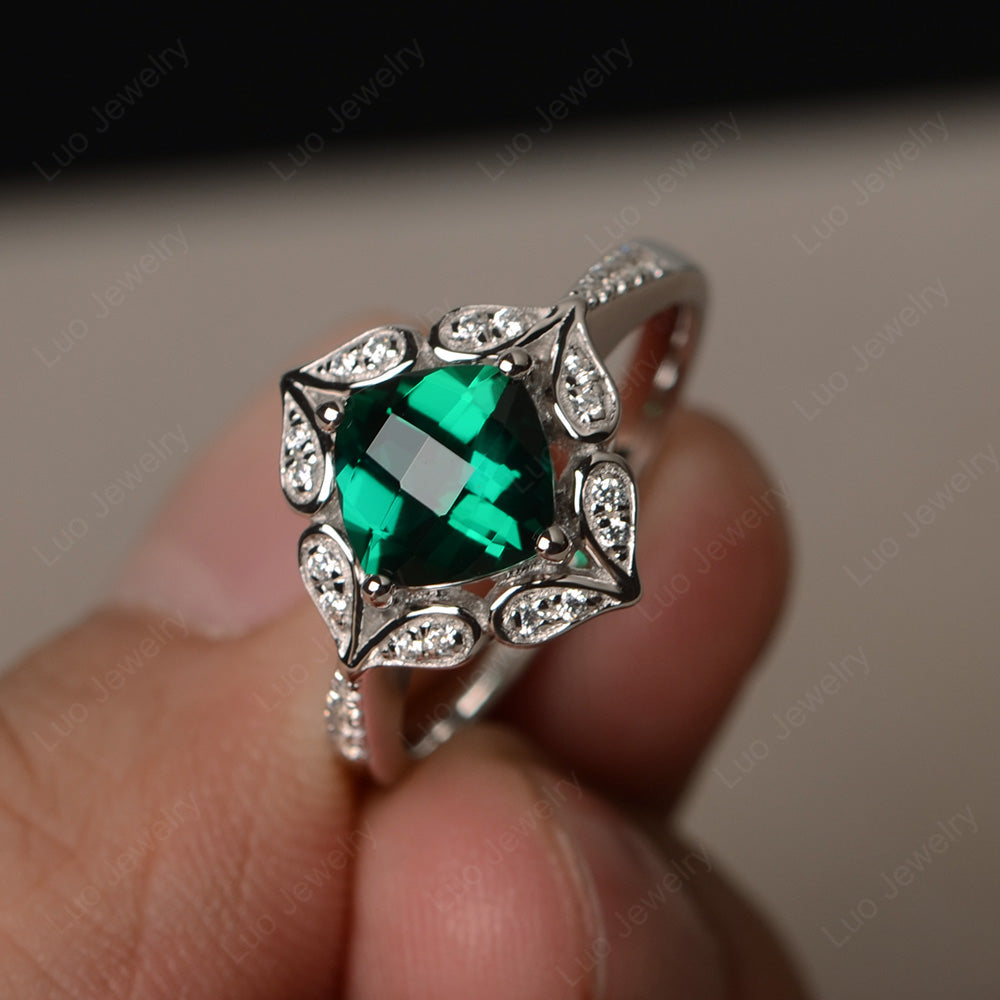 Lab Emerald Ring Cushion Cut Kite Set White Gold - LUO Jewelry